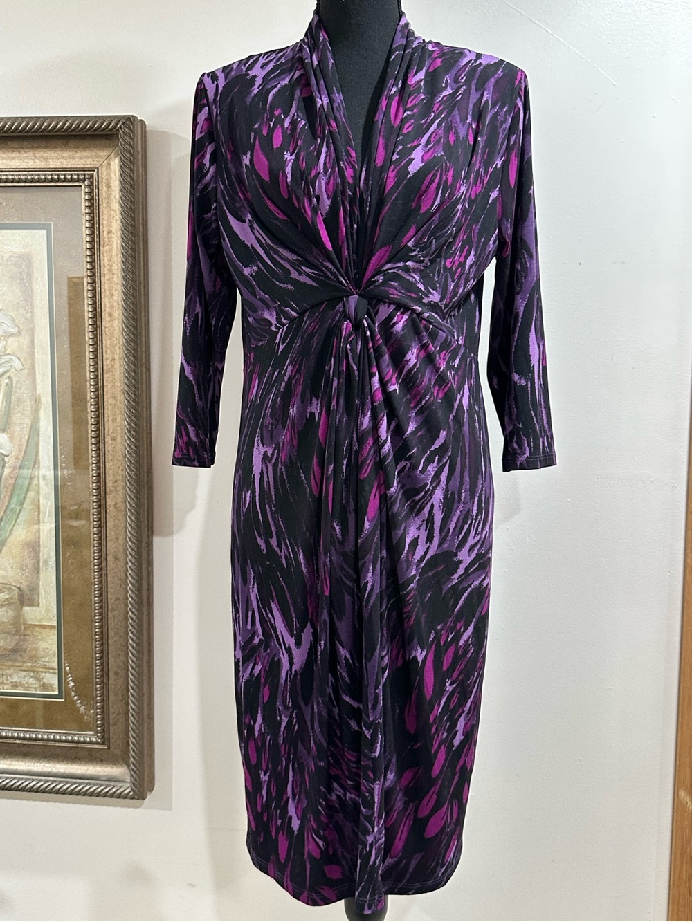 Miss Tina Black and Purple Abstract Twist-Front Long Sleeve Dress